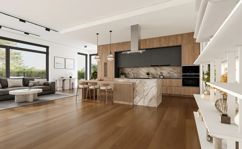 Modern kitchen remodel with custom wood cabinets and a marble island. Modern kitchen remodel with custom wood cabinets and a marble island.