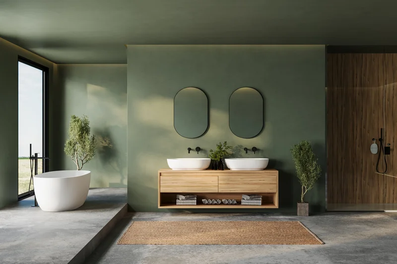 Modern green bathroom remodel with freestanding tub and wood vanity Modern green bathroom remodel with freestanding tub and wood vanity