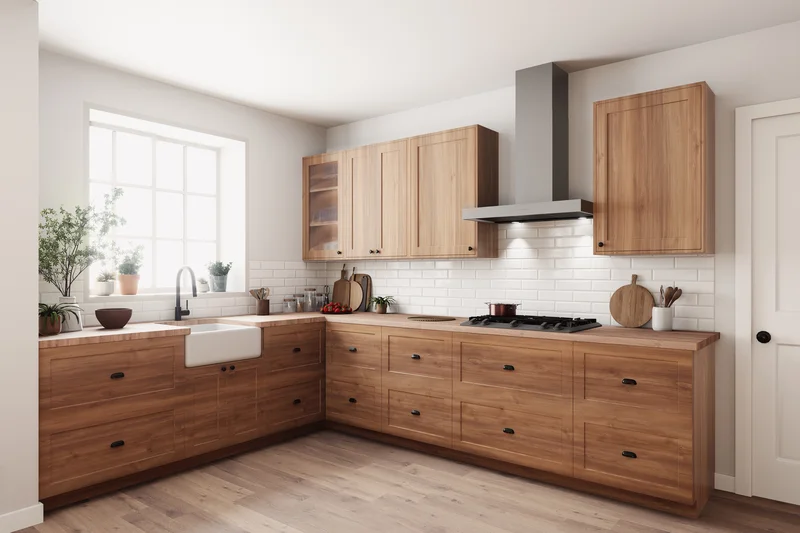 Wooden kitchen cabinets with a white apron sink and white backsplash tile. Wooden kitchen cabinets with a white apron sink and white backsplash tile.