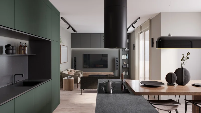 Modern open concept kitchen with matte dark green cabinets. Modern open concept kitchen with matte dark green cabinets.